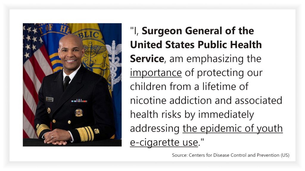 Quote of the U.S. Surgeon General stating there is an e-cigarette epidemic among youth.
