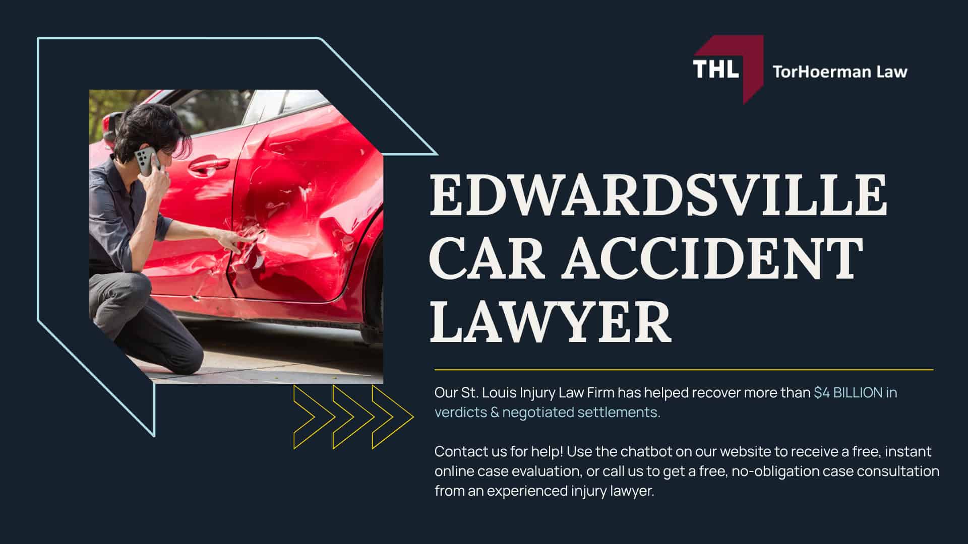 Edwardsville Car Accident Lawyer; Meet Our Edwardsville Car Accident Lawyers & Personal Injury Legal Team; Our Experienced Support Staff; Our Founder and Experienced Car Accident Attorney Tor Hoerman; How Can Our Edwardsville Car Accident Lawyers Help You (2); THL Provides a Hands-Off Approach to Your Car Accident Case; How Much Does it Cost to Hire a St Louis Car Accident Attorney from TorHoerman Law; How Much Does it Cost to Hire the Personal Injury Lawyers at TorHoerman Law; Car Accident Trends in Edwardsville and Madison County; What to Do Immediately After a Car Accident in Edwardsville, IL; Common Causes of Car Accidents in Edwardsville; Common Car Accident Injuries; Do You Qualify for a Car Accident Case; Gathering Evidence for Your Car Accident Claim; Common Damages in Car Accident Cases; Are Punitive Damages Possible in a Car Accident Case; The Legal Process for Car Accident Claims in Illinois; How Long Do You Have to File a Motorcycle Accident Lawsuit in Missouri; TorHoerman Law_ Serving Edwardsville, Madison County, & Southern Illinois