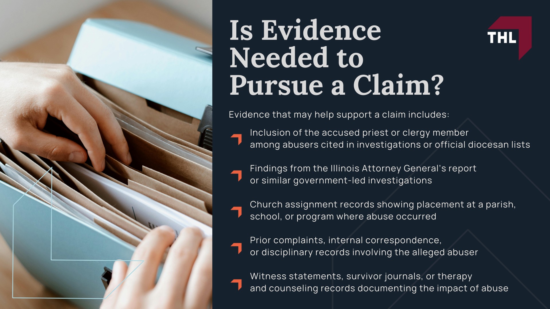Illinois Catholic Church Sexual Abuse Lawsuit: An Overview; Illinois Catholic Dioceses Named in the Attorney General Report; Lawsuits for Clergy Sex Abuse Claims: How Can We Achieve Justice for Victims Abused by Catholic Church Members?; Do You Qualify for the Illinois Catholic Church Sexual Assault Lawsuit?; Illinois Catholic Church Abuse Lawsuit - Is Evidence Needed to Pursue a Claim - torhoerman law