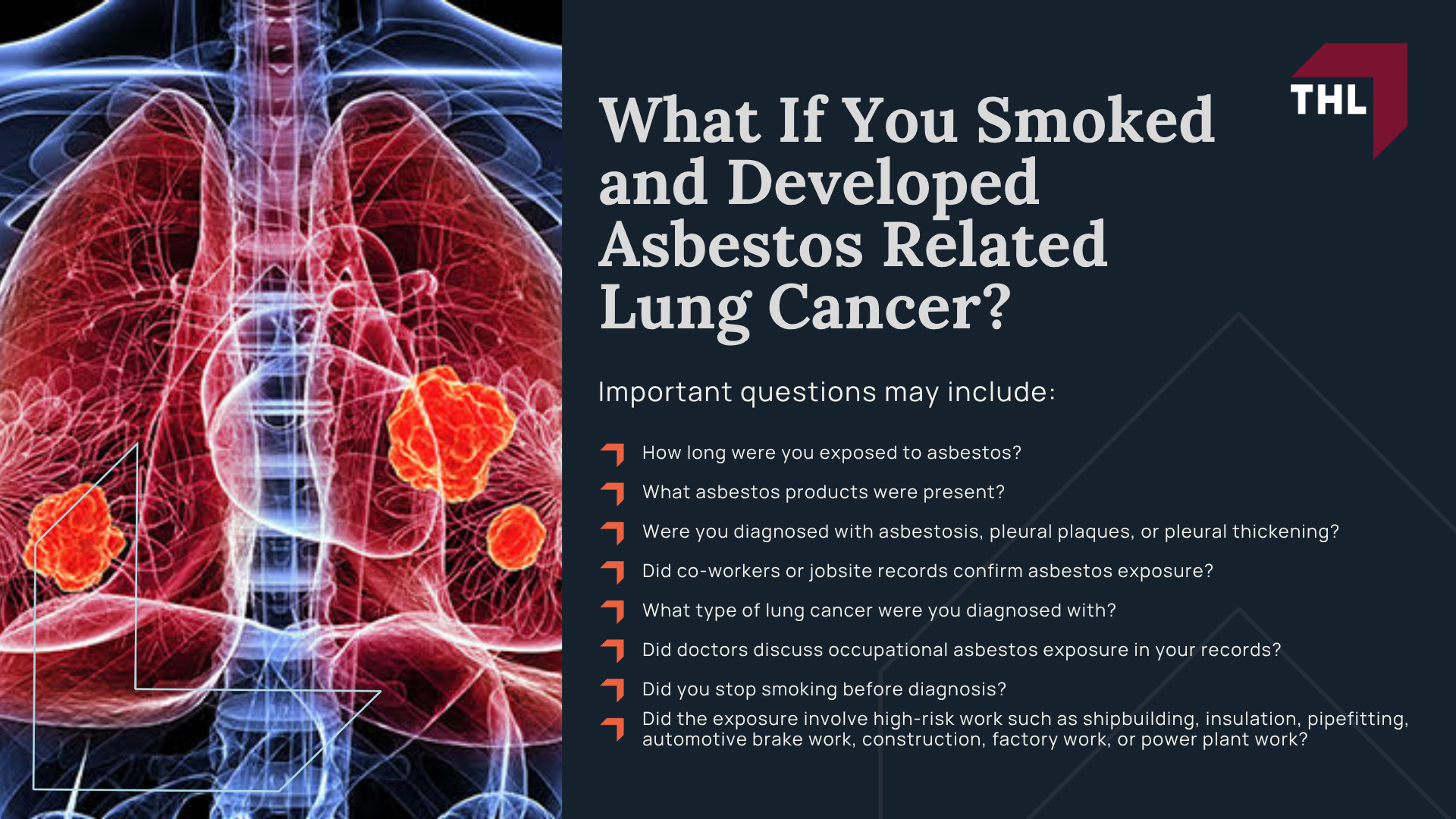 Asbestos Exposure and Lung Cancer; Different Types of Lung Cancer Caused by Asbestos; Populations at High Risk of Developing Asbestos-Related Lung Cancer; Regulatory Changes With Asbestos Use (2); Legal Recourse for Workers With Asbestos-Related Lung Cancer; Who May Qualify for an Asbestos Lung Cancer Lawsuit; Asbestos Lung Cancer Lawsuit Process; Who Can Be Held Liable for Asbestos Related Lung Cancer; What If You Smoked and Developed Asbestos Related Lung Cancer