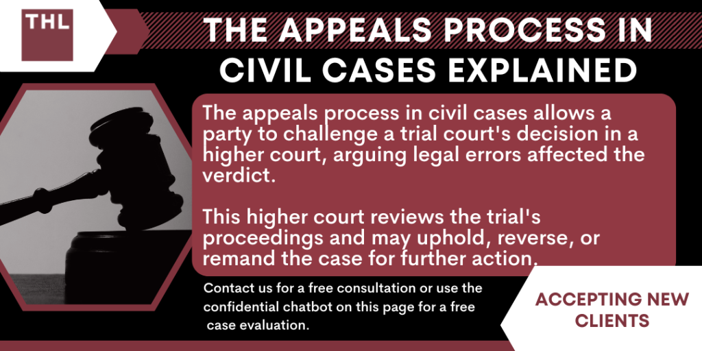 Appeals in Civil Cases Explained 2 appeals in civil cases; civil case appeal; civil court appeal; appealing in court; civil lawsuit appeal; civil lawsuit process; Purposes and Benefits of the Appeals Process; Circumstances When Appeals Are Applicable; Key Stages of the Appeals Process; The Complexities and Nuances of the Appeals Process; The Importance of Effective Legal Writing and Argumentation; The Importance of Experienced Legal Representation; TorHoerman Law_ Talk to Our Civil Litigation Attorneys