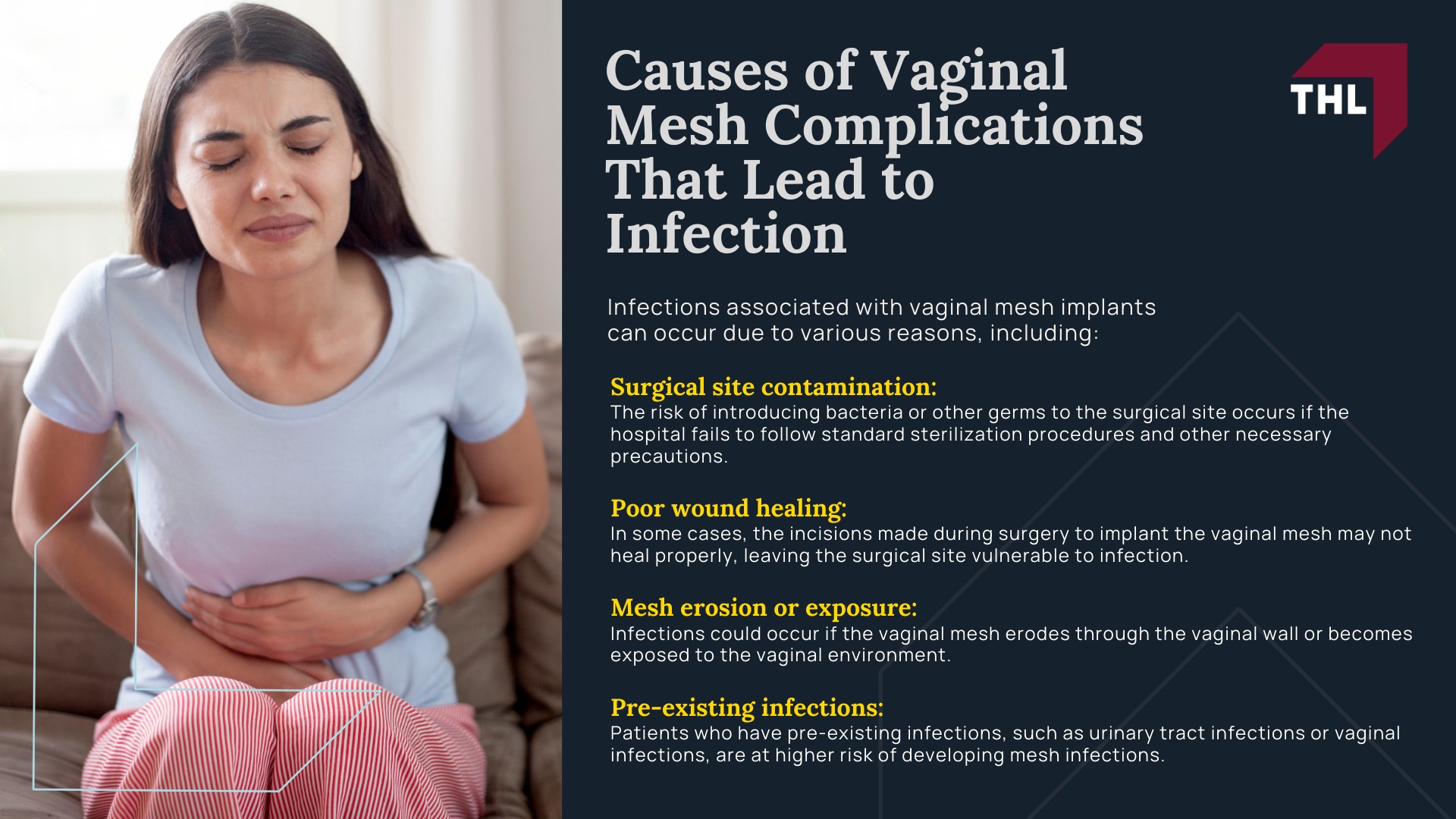 Vaginal Mesh Infection Lawsuit - What Is Vaginal Mesh - torhoerman law; Vaginal Mesh Infection Lawsuit - Pelvic Organ Prolapse (POP) - torhoerman law; Vaginal Mesh Infection Lawsuit - Stress Urinary Incontinence (SUI) - torhoerman law; Vaginal Mesh Infection Lawsuit - Understanding Vaginal Mesh Infection - torhoerman law; Vaginal Mesh Infection Lawsuit - Causes of Vaginal Mesh Complications That Lead to Infection - torhoerman law