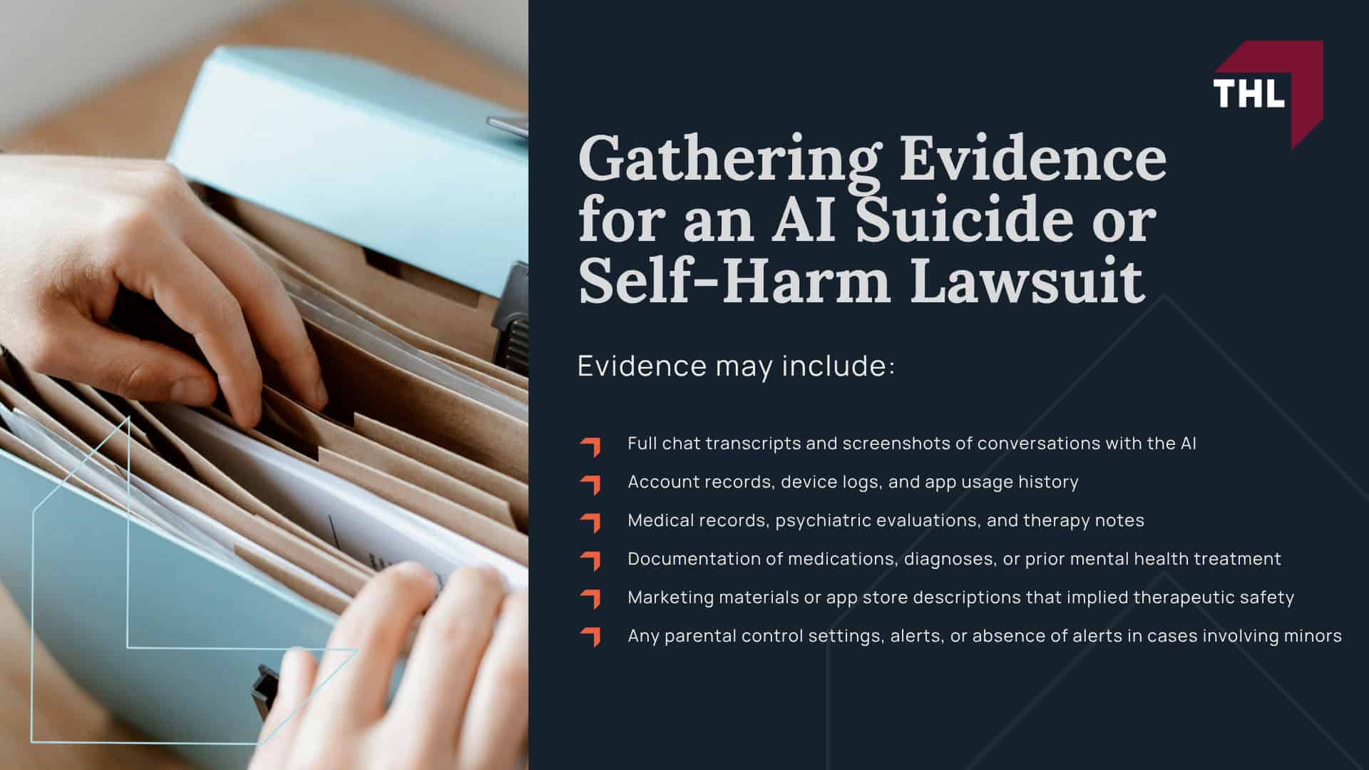 How AI Chatbots Are Alleged to Contribute to Suicide and Self-Harm; Major AI Suicide and Self-Harm Lawsuits Filed To Date; Can AI Companies Be Held Liable for Suicide and Self-Harm; Who Qualifies for an AI Suicide or Self-Harm Lawsuit; The Role of a Lawyer for an AI Lawsuit; Gathering Evidence for an AI Suicide or Self-Harm Lawsuit