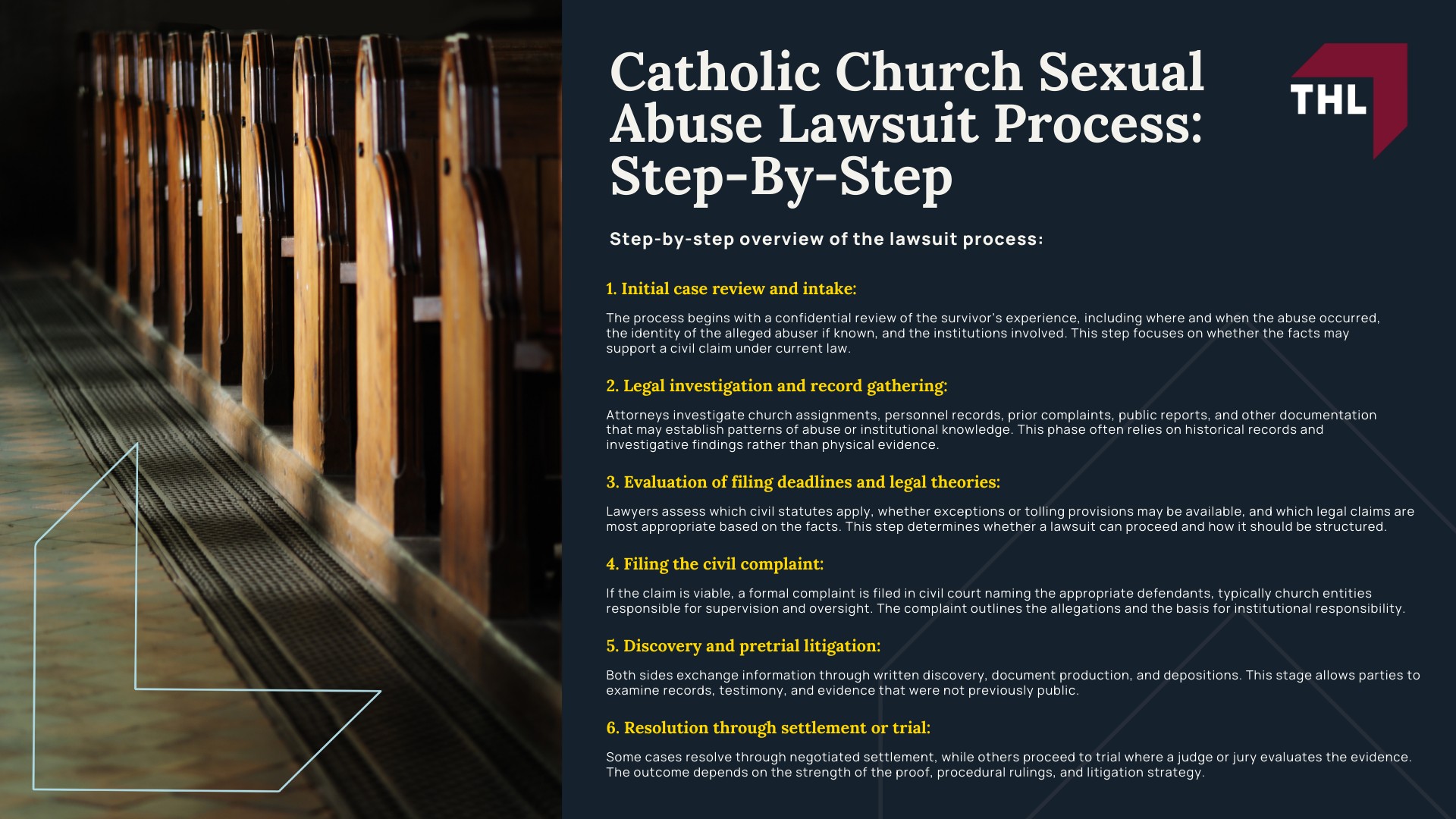 Suing for Sexual Abuse in the Catholic Church - What It Means to Sue the Catholic Church for Sexual Abuse - torhoerman law; Suing for Sexual Abuse in the Catholic Church - Civil Sexual Abuse Lawsuits vs. Criminal Charges - torhoerman law; Suing for Sexual Abuse in the Catholic Church - Who Can Be Sued in a Catholic Church Sexual Abuse Lawsuit - torhoerman law; Suing for Sexual Abuse in the Catholic Church - Survivors Can Recover Compensation Through Civil Litigation - torhoerman law; Suing for Sexual Abuse in the Catholic Church - Signs Your Experience May Support a Civil Claim - torhoerman law; Suing for Sexual Abuse in the Catholic Church - Common Settings Where Clergy Sexual Abuse is Alleged to Have Occurred - torhoerman law; Suing for Sexual Abuse in the Catholic Church - Common Institutional Warning Signs in Church Records - torhoerman law; You May Still Have a Catholic Church Sexual Abuse Claim Even If You NEVER Reported the Abuse; Suing for Sexual Abuse in the Catholic Church - History and Impact of Sexual Abuse in the Catholic Church - torhoerman law; Suing for Sexual Abuse in the Catholic Church - The Catholic Church’s Response Why It Remains So Heavily Criticized - torhoerman law; Suing for Sexual Abuse in the Catholic Church - Catholic Church Sexual Abuse Lawsuit Process Step-By-Step - torhoerman law