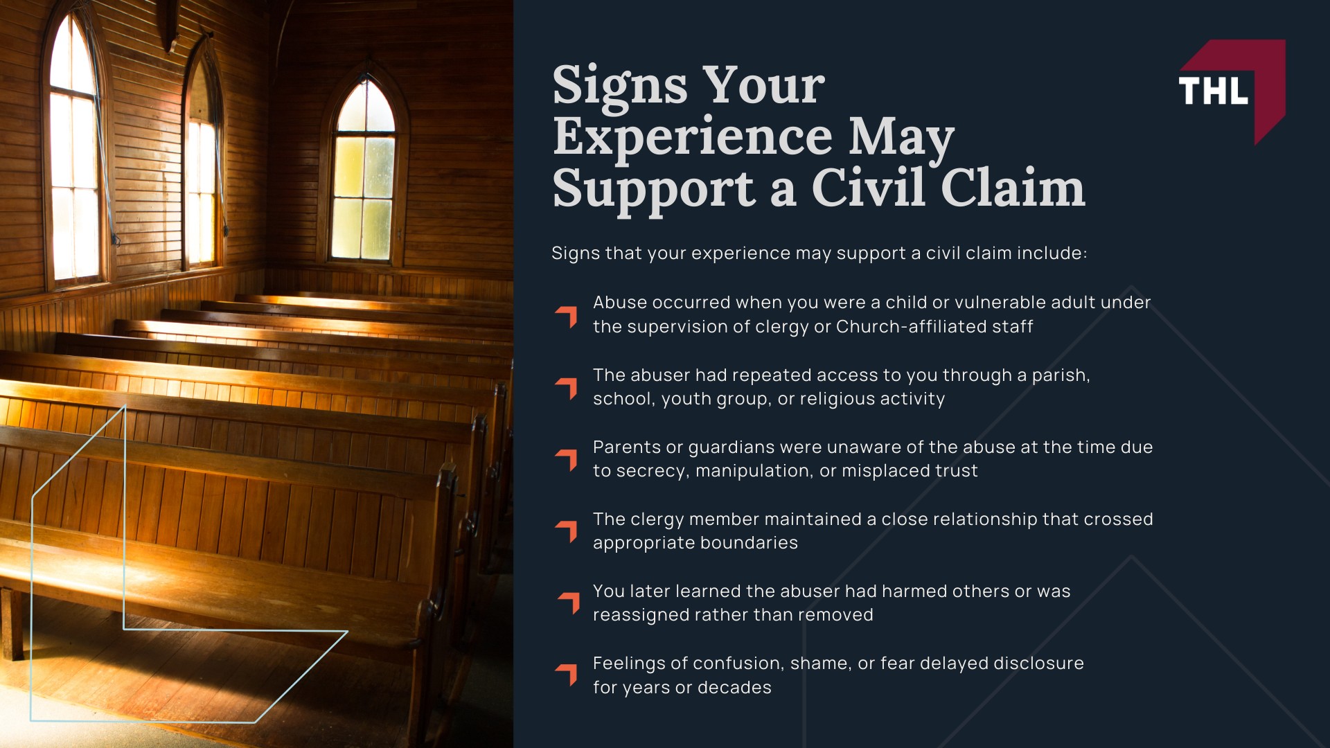 Suing for Sexual Abuse in the Catholic Church - What It Means to Sue the Catholic Church for Sexual Abuse - torhoerman law; Suing for Sexual Abuse in the Catholic Church - Civil Sexual Abuse Lawsuits vs. Criminal Charges - torhoerman law; Suing for Sexual Abuse in the Catholic Church - Who Can Be Sued in a Catholic Church Sexual Abuse Lawsuit - torhoerman law; Suing for Sexual Abuse in the Catholic Church - Survivors Can Recover Compensation Through Civil Litigation - torhoerman law; Suing for Sexual Abuse in the Catholic Church - Signs Your Experience May Support a Civil Claim - torhoerman law