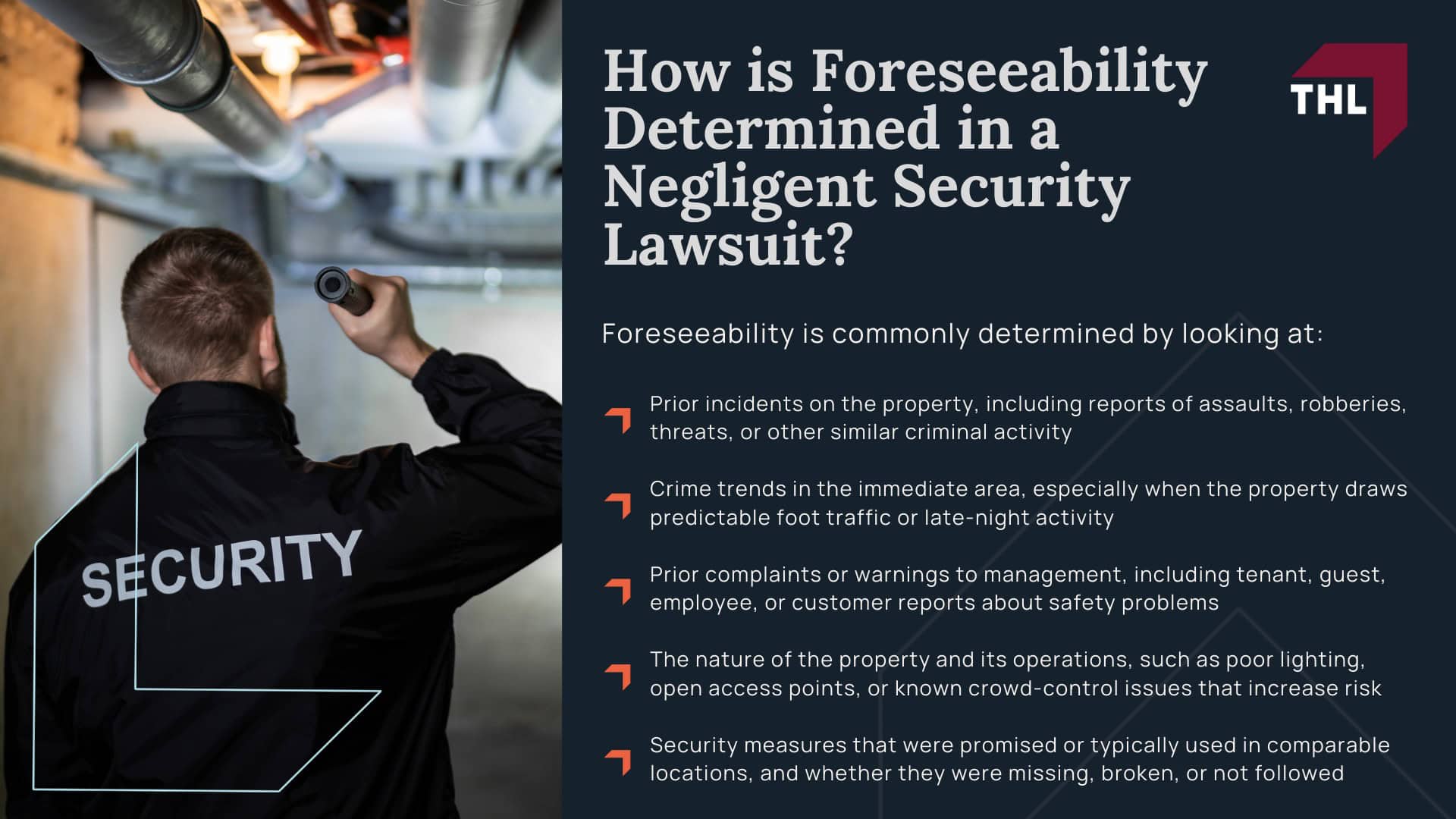 Negligent Security Lawsuit Guide - What is Negligent Security - torhoerman law; Negligent Security Lawsuit Guide - Who Can Be Held Liable in a Negligent Security Claim - torhoerman law; Negligent Security Lawsuit Guide - What Is Considered Inadequate or Negligent Security - torhoerman law; Negligent Security Lawsuit Guide - Negligent Security vs. General Premises Liability - torhoerman law; Negligent Security Lawsuit Guide - When Does a Negligent Security Incident Become a Legal Claim - torhoerman law; Negligent Security Lawsuit Guide - How is Foreseeability Determined in a Negligent Security Lawsuit - torhoerman law