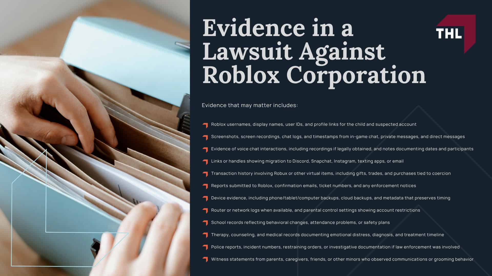 Roblox Lawsuits_ Investigating Child Predators on the Roblox Platform; Warning Signs of Roblox Grooming and Sexual Exploitation; Do You Qualify for the Roblox Predator Lawsuit; Evidence in a Lawsuit Against Roblox Corporation