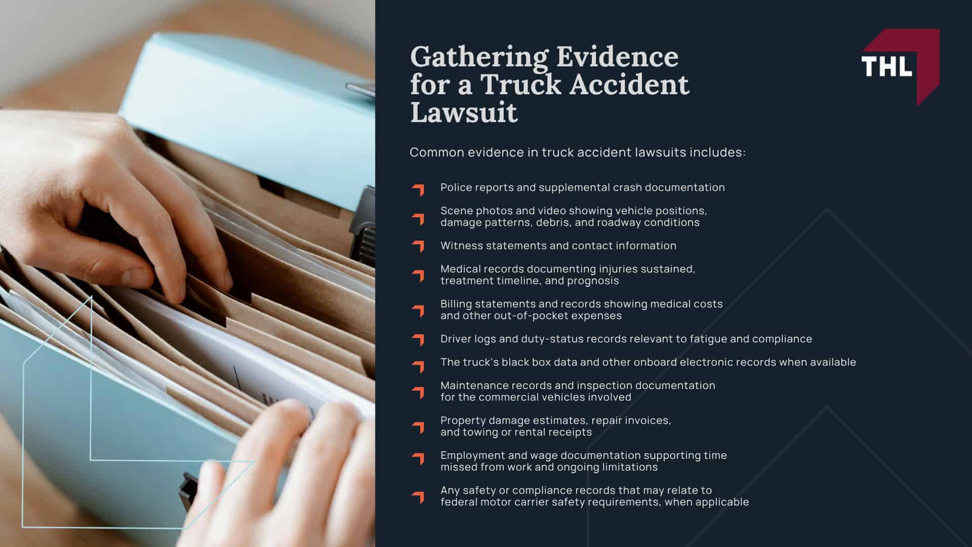 Average Truck Accident Settlements; How are Truck Accident Settlements Calculated; How a Truck Accident Lawyer Can Help You Seek Compensation; The Legal Process of a Truck Accident Lawsuit; Steps To Take After a Truck Accident;  Federal Trucking Regulations and Industry Standards; Statute of Limitations for Trucking Accident Cases; Gathering Evidence for a Truck Accident Lawsuit