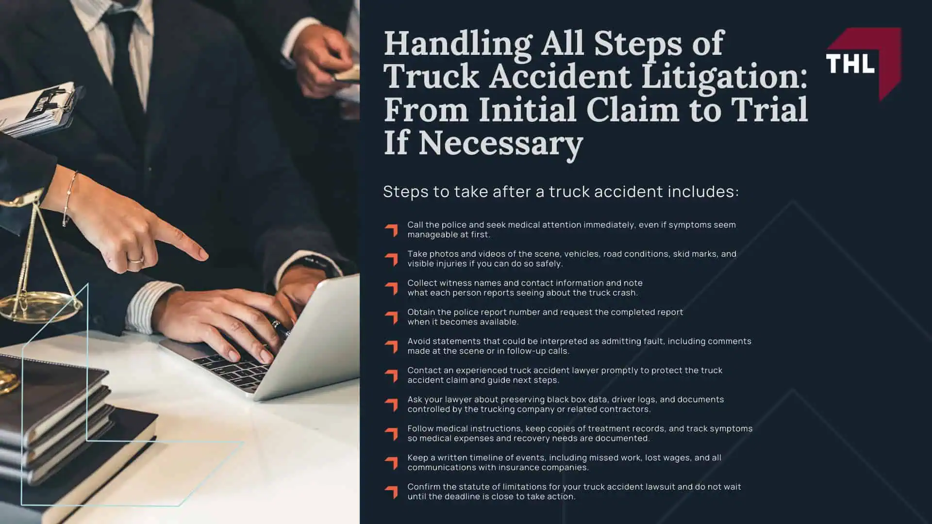 How Can an Experienced Truck Accident Attorney Help You After a Serious Accident; Identifying Liable Parties in a Truck Accident Claim; Gathering Crucial Evidence for a Truck Accident Lawsuit; Calculating Damages to Compensate Truck Accident Victims; Handling All Steps of Truck Accident Litigation_ From Initial Claim to Trial If Necessary