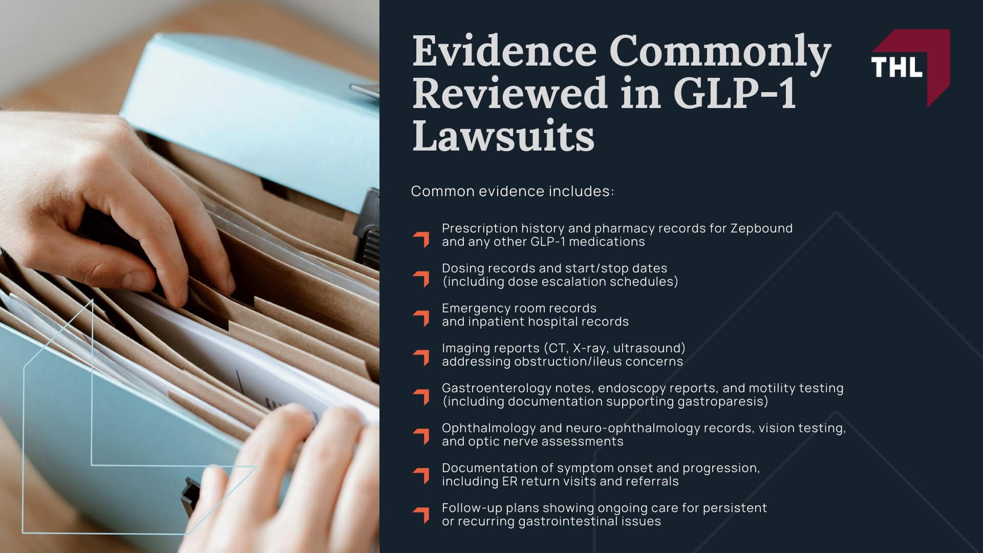 Zepbound Lawsuit - Zepbound Lawsuit Overview - torhoerman law; Zepbound Lawsuit - Other Drugs and Manufacturers Named in the GLP-1 Lawsuits - torhoerman law; Zepbound Lawsuit - Alleged Injuries and Medical Conditions Linked to GLP-1 Drugs - torhoerman law; Zepbound Lawsuit - Severe Digestive Conditions Alleged in GLP-1 Lawsuits - torhoerman law; Zepbound Lawsuit - Vision Loss Potentially Linked to GLP-1 Usage - torhoerman law; Zepbound Lawsuit - Do You Qualify for a Zepbound Lawsuit - torhoerman law; Zepbound Lawsuit - Evidence Commonly Reviewed in GLP-1 Lawsuits - torhoerman law