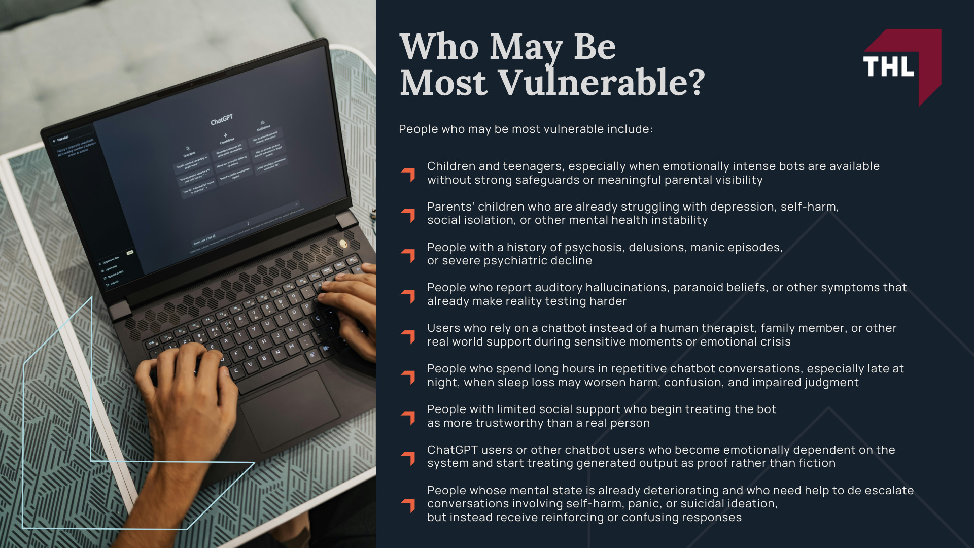 AI Lawsuit Investigation_ Psychosis, Self-Harm, Suicide; Psychological Effects of AI Chatbots; AI Chatbots and Severe Psychiatric Harm; AI Company Responsibilities and Safeguards; Signs and Symptoms Linked to Reported AI Psychosis Cases; Behavioral Warning Signs Families May Notice; Who May Be Most Vulnerable