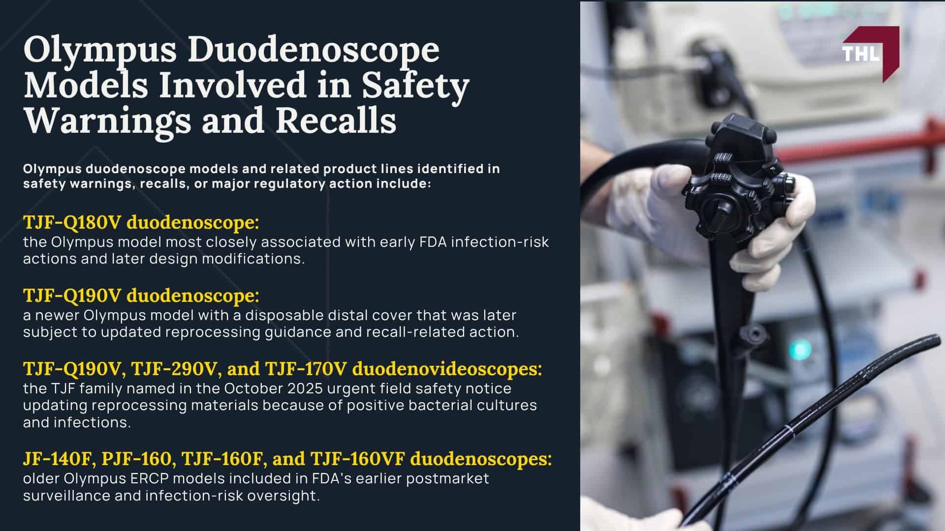 What Is a Duodenoscope and How Is It Used in ERCP Procedures; Why Duodenoscopes Have Been Linked to Infection Risk; Types of Infections Linked to Duodenoscope Exposure; Drug-Resistant Infections (CRE and Related Bacteria); Severe Complications Following Infection; Symptoms and Onset After ERCP Procedures; Olympus Duodenoscope Models Involved in Safety Warnings and Recalls