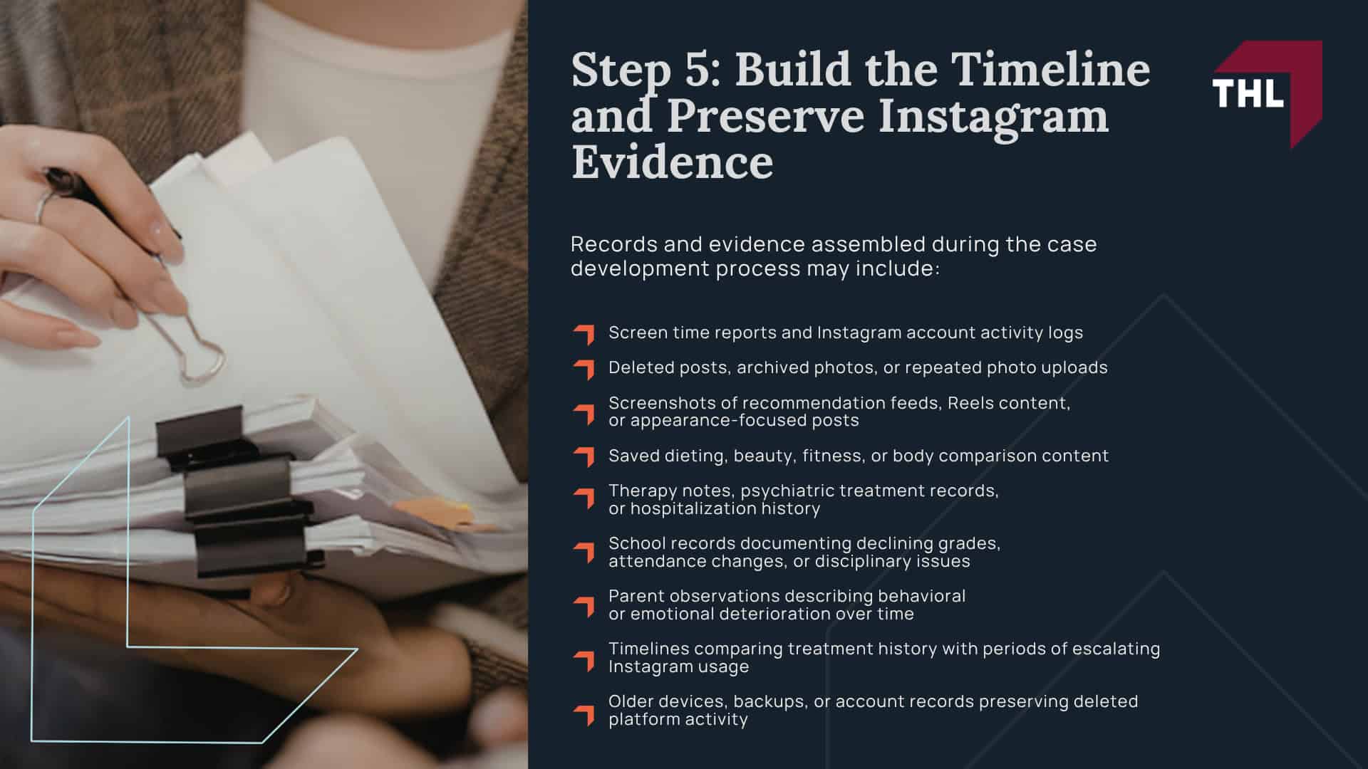 Step 1_ Determine Whether You May Qualify for an Instagram Addiction Lawsuit; Step 2_ Document Instagram Usage and Mental Health Harm; Step 3_ Understand What Instagram Addiction Lawsuits Allege; Step 4_ Speak With a Lawyer Handling Cases in the Social Media Addiction MDL; Step 5_ Build the Timeline and Preserve Instagram Evidence