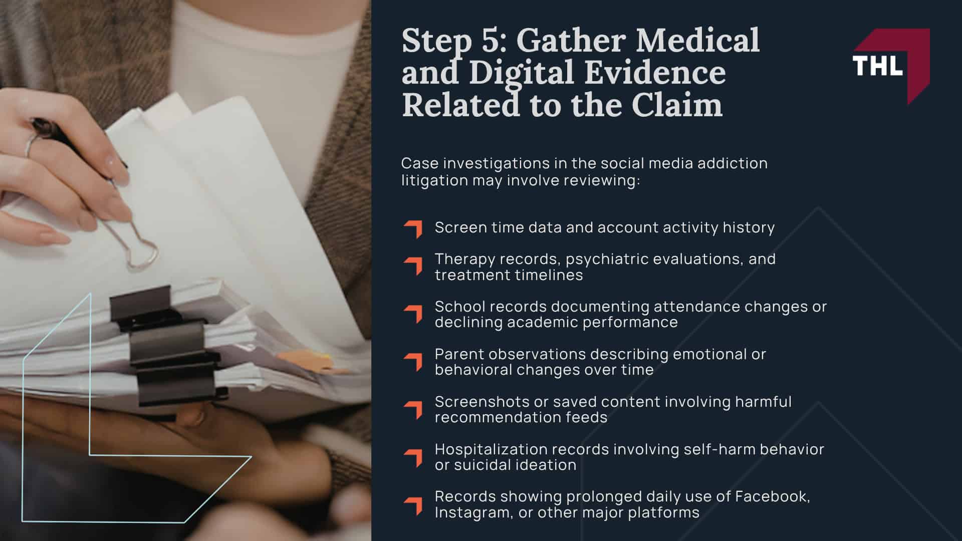 Step 1_ Determine Whether You May Qualify for a Facebook Addiction Lawsuit; Step 2_ Document Facebook Usage and Mental Health Harm; Step 3_ Understand What Facebook Addiction Lawsuits Allege; Step 4: Speak With a Lawyer Handling Cases in the Social Media Addiction MDL; Step 5_ Gather Medical and Digital Evidence Related to the Claim