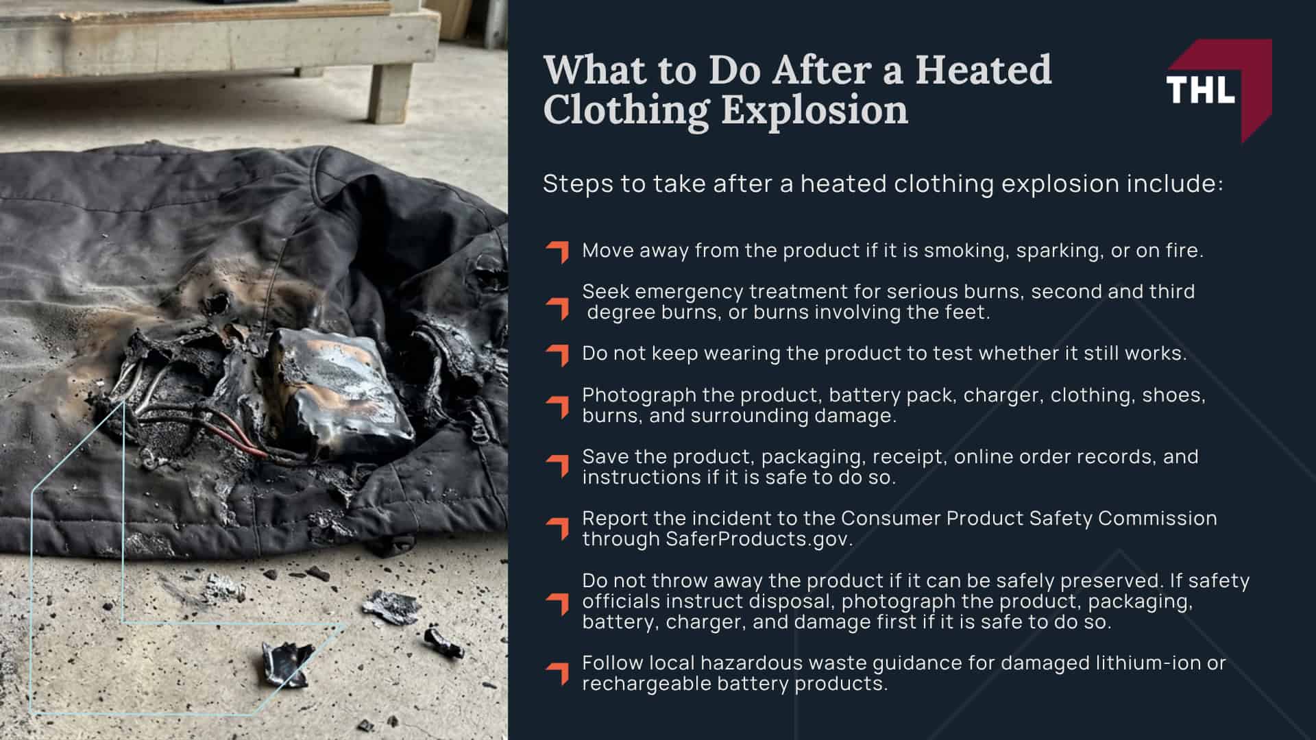 Why Heated Clothing Products May Explode or Catch Fire; Lithium-Ion Battery Failures in Heated Clothing; Thermal Runaway and Heated Clothing Explosion Risks; Types of Heated Clothing Linked to Explosion and Fire Hazards; Common Injuries Caused by Heated Clothing Explosions; What to Do After a Heated Clothing Explosion