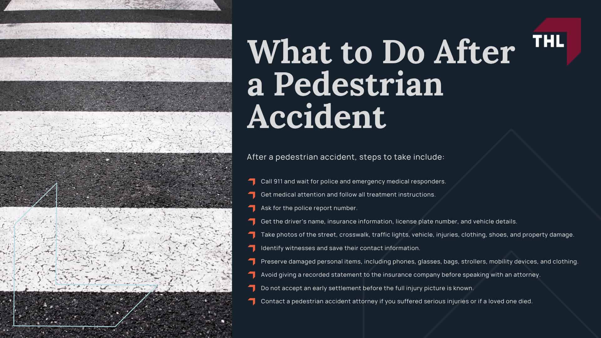 Pedestrian Accidents in the United States_ Facts and Stats; What Are the Elements of a Pedestrian Accident Lawsuit; Common Laws Involved in Pedestrian Accident Lawsuits; Common Causes of Pedestrian Accidents; Common Pedestrian Accident Injuries; Who Can Be Held Liable in a Pedestrian Accident Lawsuit; The Legal Process in a Pedestrian Accident Lawsuit; Evidence in Pedestrian Accident Lawsuits; Damages in Pedestrian Accident Lawsuits; What to Do After a Pedestrian Accident