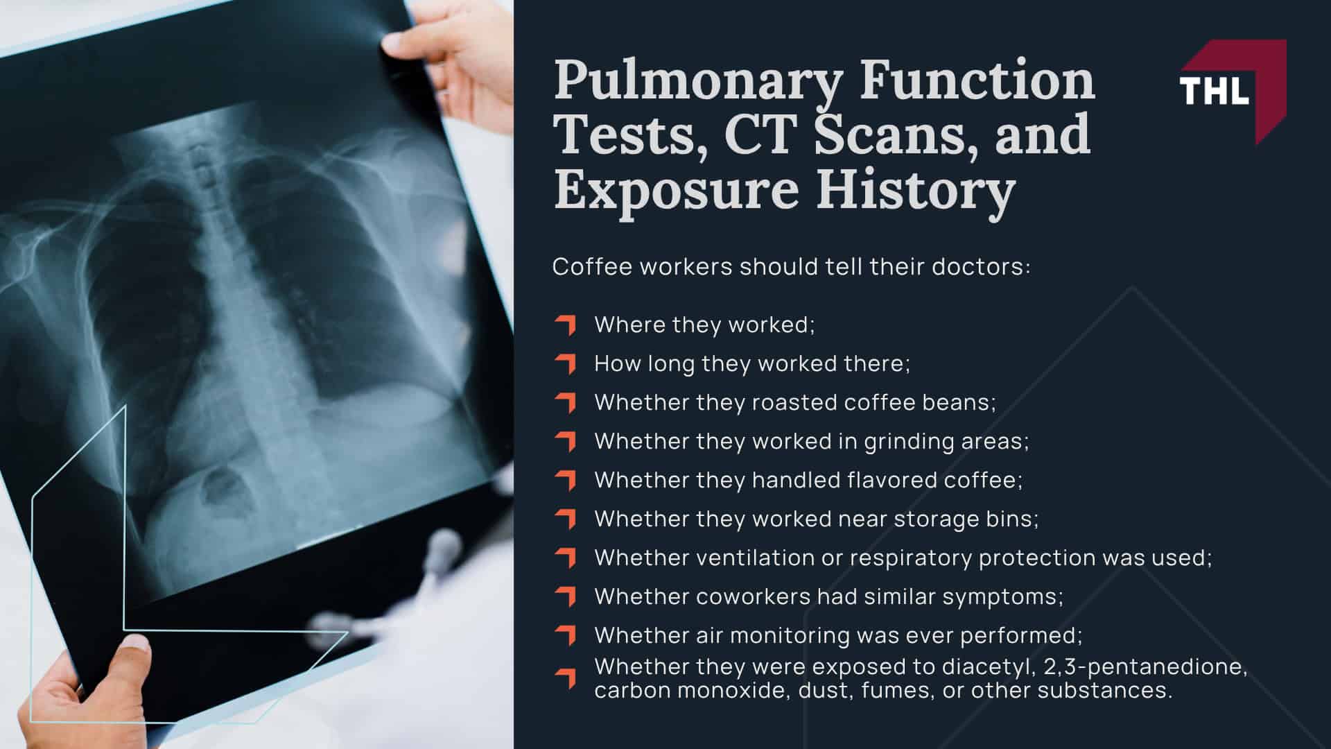 What Is Coffee Roaster Diacetyl Exposure; Diacetyl and 2,3-Pentanedione in Coffee Processing; How Roasting, Grinding, Flavoring, and Packaging Can Release Airborne Chemicals; Coffee Workers at Risk for Diacetyl Exposure; Health Risks Linked to Coffee Roaster Diacetyl Exposure; Shortness of Breath, Coughing, Wheezing, and Chest Tightness; How Coffee Roaster Lung Disease Is Diagnosed; Pulmonary Function Tests, CT Scans, and Exposure History