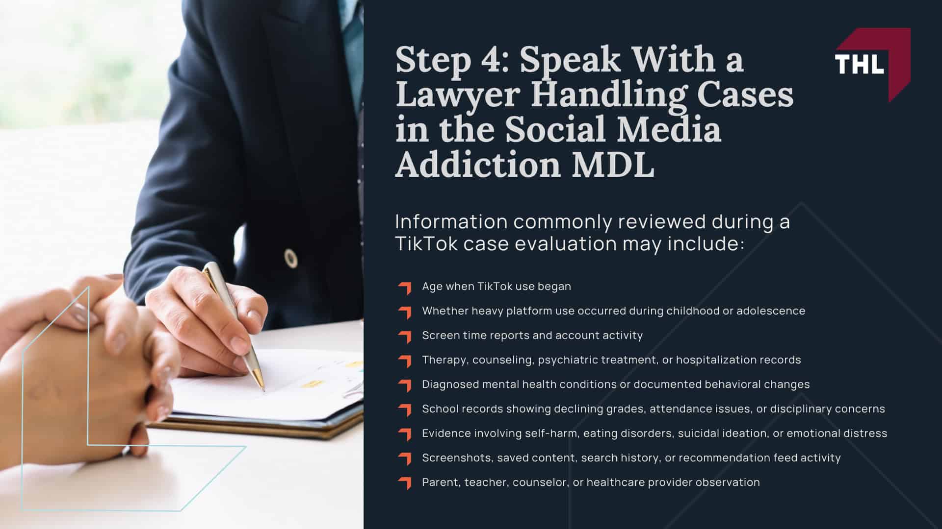 Step 1_ Determine Whether You May Qualify for a TikTok Addiction Lawsuit; Step 2_ Document TikTok Usage and Mental Health Harm; Step 3_ Understand What TikTok Addiction Lawsuits Allege; Step 4_ Speak With a Lawyer Handling Cases in the Social Media Addiction MDL