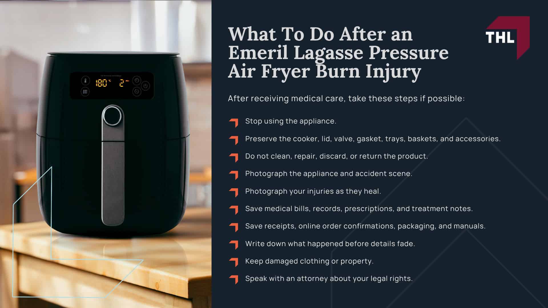 What Is the Emeril Lagasse Pressure Air Fryer Lawsuit Investigation About?; Are Emeril Lagasse Pressure Air Fryers Recalled; Which Emeril Lagasse Pressure Air Fryer Models May Be Involved; Why Emeril Lagasse Pressure Air Fryers May Pose a Burn Risk; Reported Emeril Lagasse Pressure Air Fryer Burn Injuries; How Emeril Lagasse Pressure Air Fryers Can Allegedly Cause Burns; Pressure Cooker and Air Fryer Defects Linked to Burn Injuries; Lawsuits Filed Over Emeril Lagasse Pressure Air Fryer Injuries (2); Lawsuits Filed Over Emeril Lagasse Pressure Air Fryer Injuries (2); Evidence Needed for an Emeril Lagasse Pressure Air Fryer Burn Claim; Damages in an Emeril Lagasse Pressure Air Fryer Lawsuit; What To Do After an Emeril Lagasse Pressure Air Fryer Burn Injury