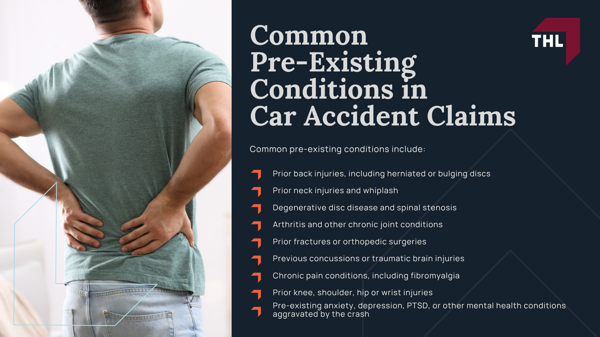 Can You Recover Compensation With a Pre-Existing Condition; How Pre-Existing Conditions Affect a Car Accident Claim; The Legal Rule_ Eggshell Plaintiff and Aggravation of a Prior Injury; How Insurance Companies Use Medical History to Reduce Claims; How Insurance Companies Evaluate a Pre-Existing Injury Claim After a Car Accident; What Medical Records and Diagnostic Tests Help Prove a Pre-Existing Injury Claim; Compensation in Car Accident Cases Involving Pre-Existing Injuries; How State Law Affects Pre-Existing Injury Claims; Common Pre-Existing Conditions in Car Accident Claims