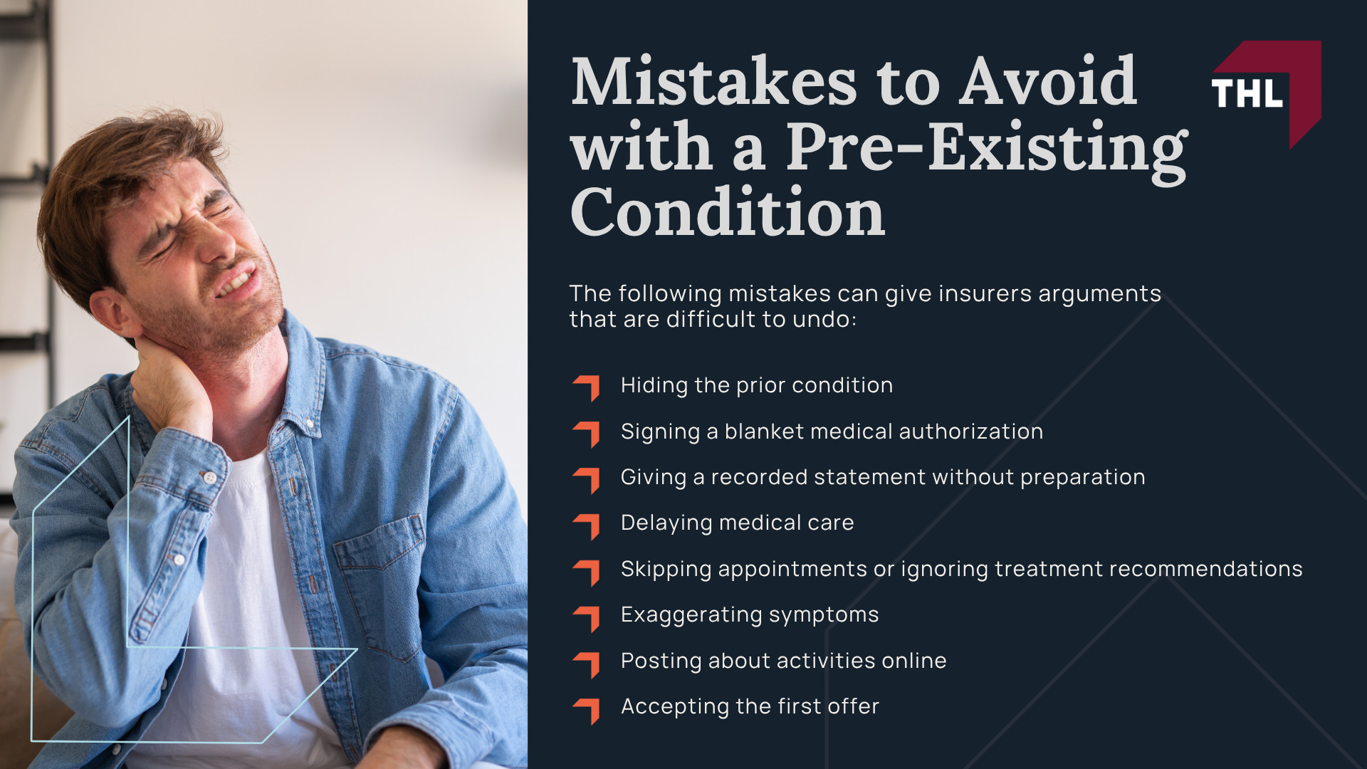 Can You Recover Compensation With a Pre-Existing Condition; How Pre-Existing Conditions Affect a Car Accident Claim; The Legal Rule_ Eggshell Plaintiff and Aggravation of a Prior Injury; How Insurance Companies Use Medical History to Reduce Claims; How Insurance Companies Evaluate a Pre-Existing Injury Claim After a Car Accident; What Medical Records and Diagnostic Tests Help Prove a Pre-Existing Injury Claim; Compensation in Car Accident Cases Involving Pre-Existing Injuries; How State Law Affects Pre-Existing Injury Claims; Common Pre-Existing Conditions in Car Accident Claims; Evidence Needed to Prove the Accident Worsened a Pre-Existing Injury; Mistakes to Avoid with a Pre-Existing Condition