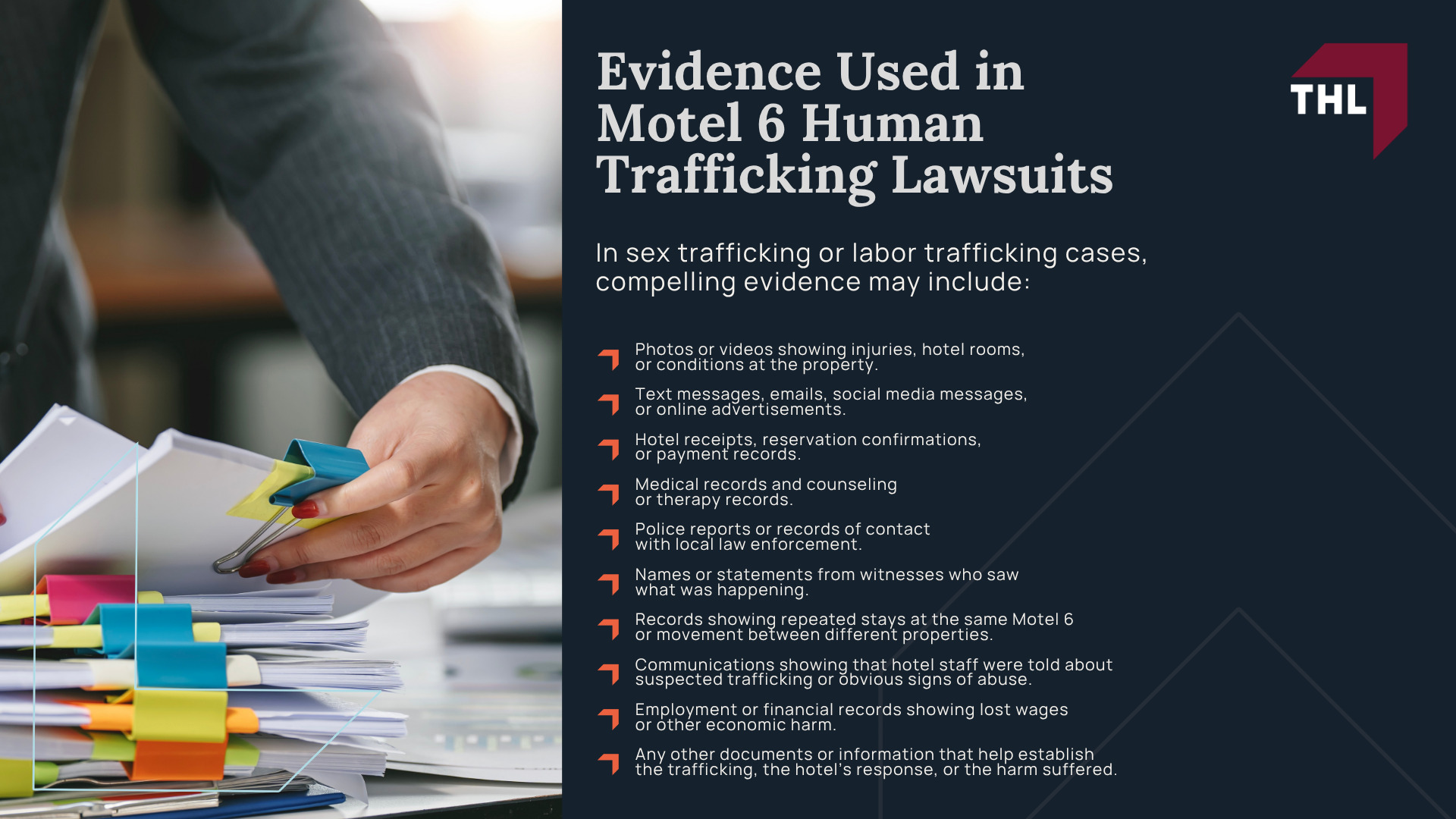 Motel 6 Human Trafficking Lawsuit Overview; What Do Motel 6 Human Trafficking Lawsuits Allege; Who Can Be Named in a Motel 6 Trafficking Lawsuit; Recent Motel 6 Human Trafficking Lawsuits, Settlements, and Court Decisions; Who Owns Motel 6, and Why Does the Franchise Structure Matter (2); Evidence Used in Motel 6 Human Trafficking Lawsuits