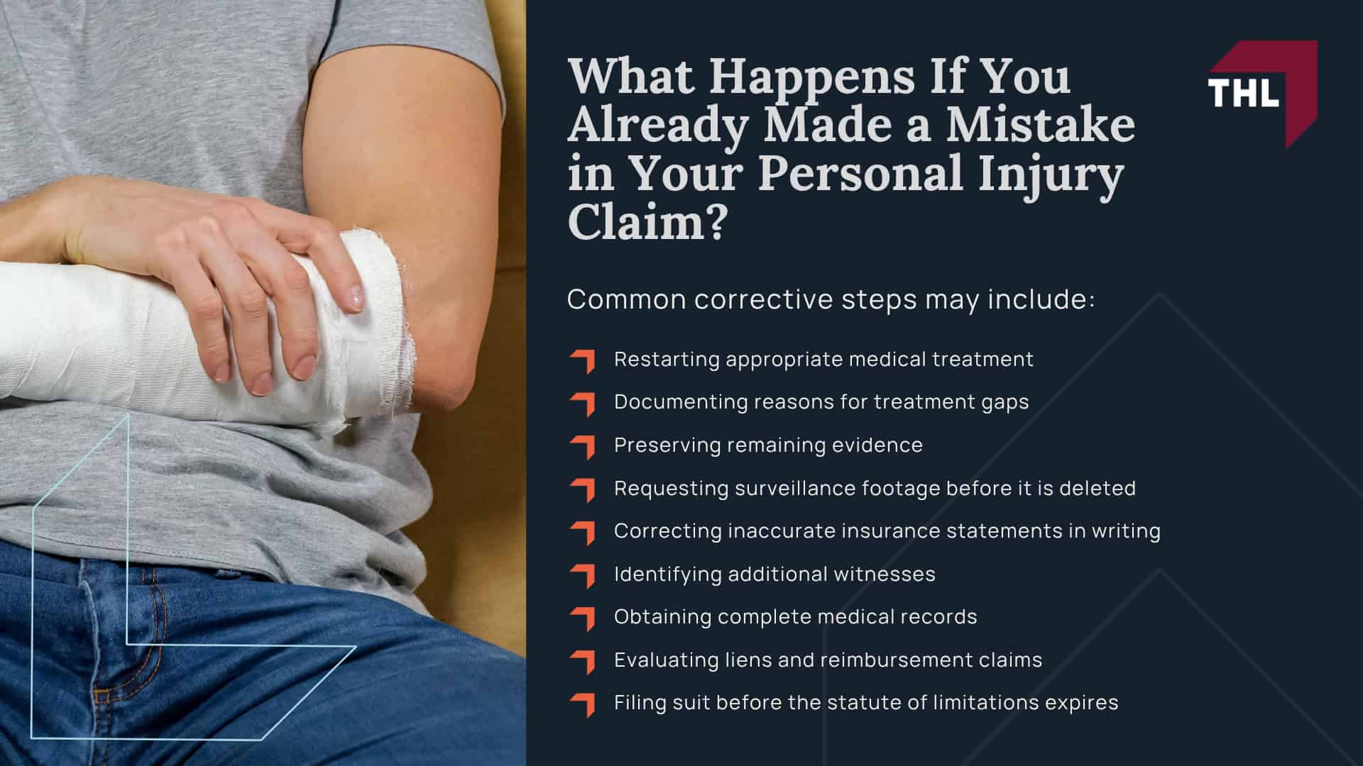 Mistakes to Avoid in a Personal Injury Claim_ Overview; Should You Get Medical Treatment Immediately After an Injury; What Should You Say About Fault After an Accident; Should You Talk to the Insurance Adjuster; Why Can Social Media Hurt a Personal Injury Claim; Is It a Mistake to Accept the First Settlement Offer; What Evidence Should You Preserve After an Accident; Why Are Deadlines Important in a Personal Injury Lawsuit; What Happens If You Already Made a Mistake in Your Personal Injury Claim