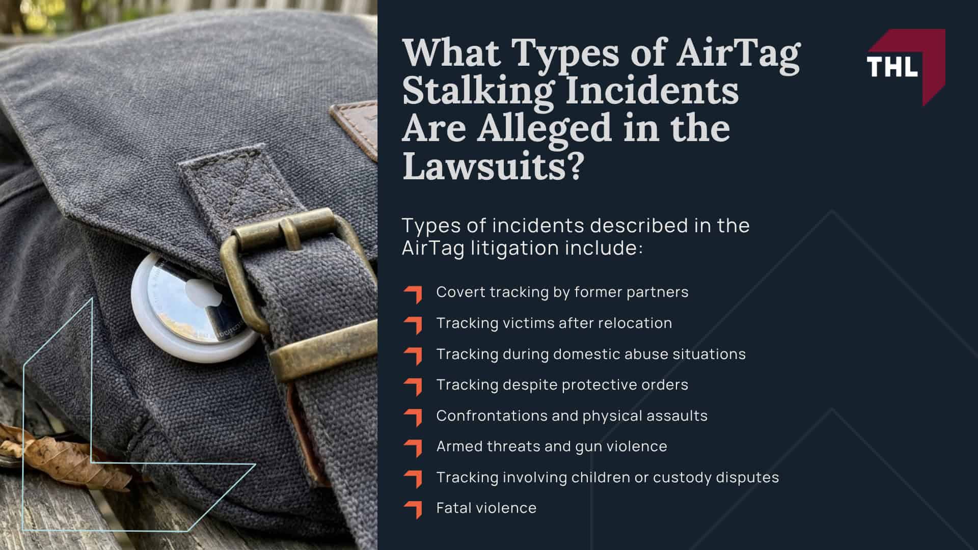 What Do Apple AirTag Plaintiffs Allege Apple Did Wrong; What Do Apple AirTag Plaintiffs Allege Apple Did Wrong; What Are Apple AirTag Stalking Lawsuits; How Have AirTag Safety Features Changed; What Does Research Show About AirTag Tracking Alerts; Who May Be Eligible to File an Apple AirTag Stalking Lawsuit; What Types of AirTag Stalking Incidents Are Alleged in the Lawsuits